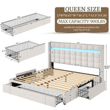 EnHomee LED Queen Bed Frame with Adjustable Headboard & 3 Storage Drawers in Beige EnHomee