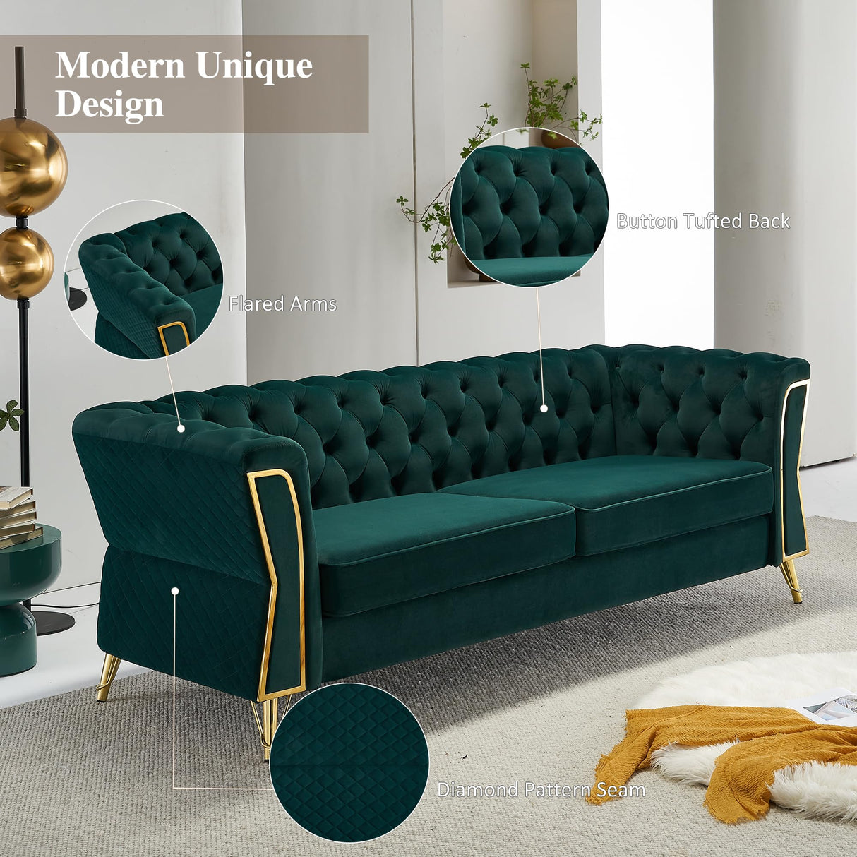 Tmsan 87.4" Velvet Sofa Couch, Mid-Century Modern Chesterfield Loveseat Classic Button Tufted 2 Seater Couch with Golden Legs for Living Room Office Bedroom (Emerald) Tmsan