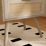 JOONEE Rattan Nightstand with Charging Station,Farmhouse Bedside Table with 2 Storage Drawer and Open Wood Shelf, for Bedroom and Small Spaces,Night Stand with Solid Wood Legs (Grey Oak-Outlet) JOONEE