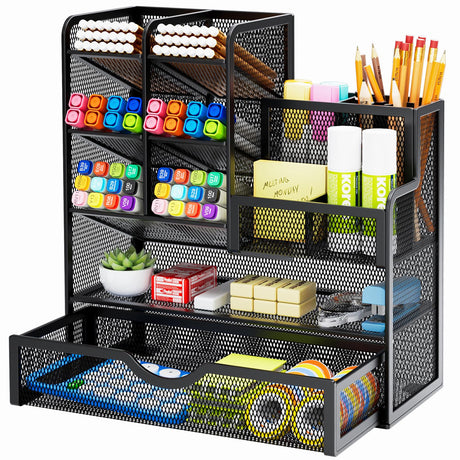 Marbrasse Mesh Pen Holder for Desk, Multi-Functional Pencil Organizer with Drawer, Desk Organizers and Accessories for Office Art Supplies (Black) Marbrasse