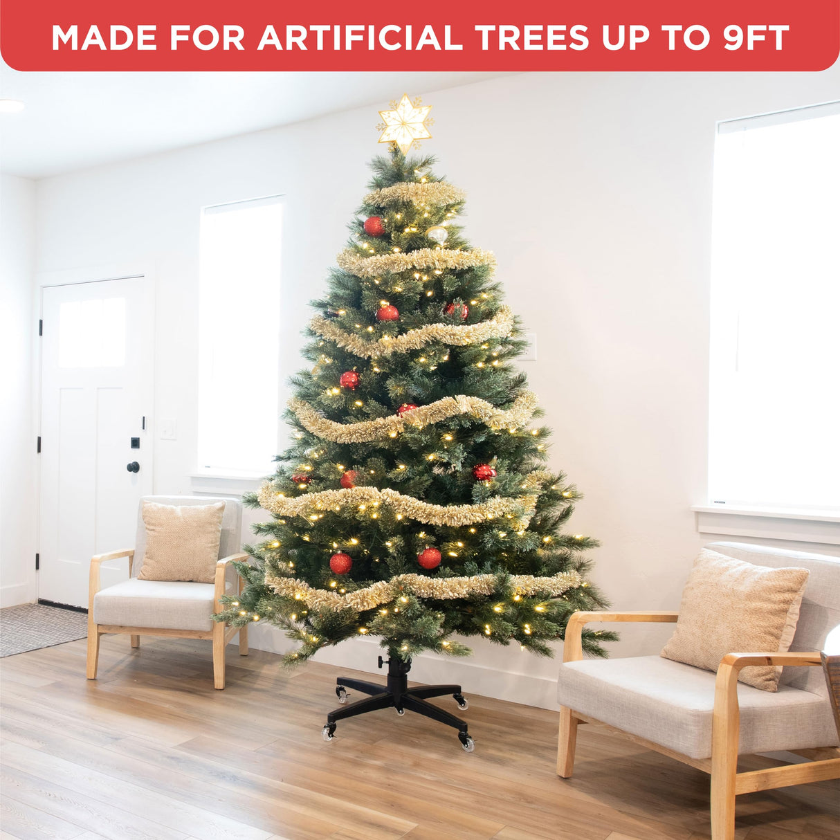 Rolling Christmas Tree Stand for up to 9 Foot Artificial Trees - Heavy-Duty Xmas Tree Stand Base with Casters and Adjustable Base - Compatible with Most Upright Tree Bags – Up to 120 lbs. HOLDN’ STORAGE