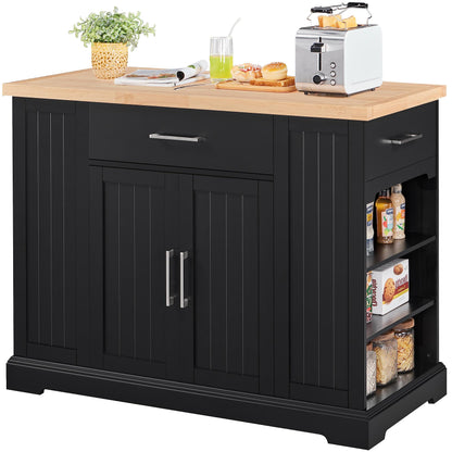 Yaheetech Kitchen Island on Hidden Wheels, Rolling Kitchen Cart with Thicker Rubberwood Top & 3 Drawers & Open Shelves, Storage Cabinet with