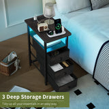 Yoobure End Table with Charging Station, LED Narrow Side Table Bedside Table, Small Night Stand End Tables Living Room, Skinny Nightstand with 3 Fabric Drawers, Side Tables Bedroom for Small Spaces Yoobure