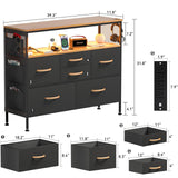 YILQQPER Dresser for Bedroom TV Stand with Power Outlets and LED Light, 6 Drawers Dresser with Side Pockets & Hooks, Wide Dresser with Shelves for 45" TV, Fabric Chest of Drawers, Black YILQQPER