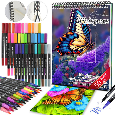Hardcover Adult Coloring Book for Women Relaxation, 50 Patterns Spiral Bound Mindfulness Butterfly Coloring Books for Adult with 36 Dual-tip Markers, Inspirational Coloring Books Set Gift for Women