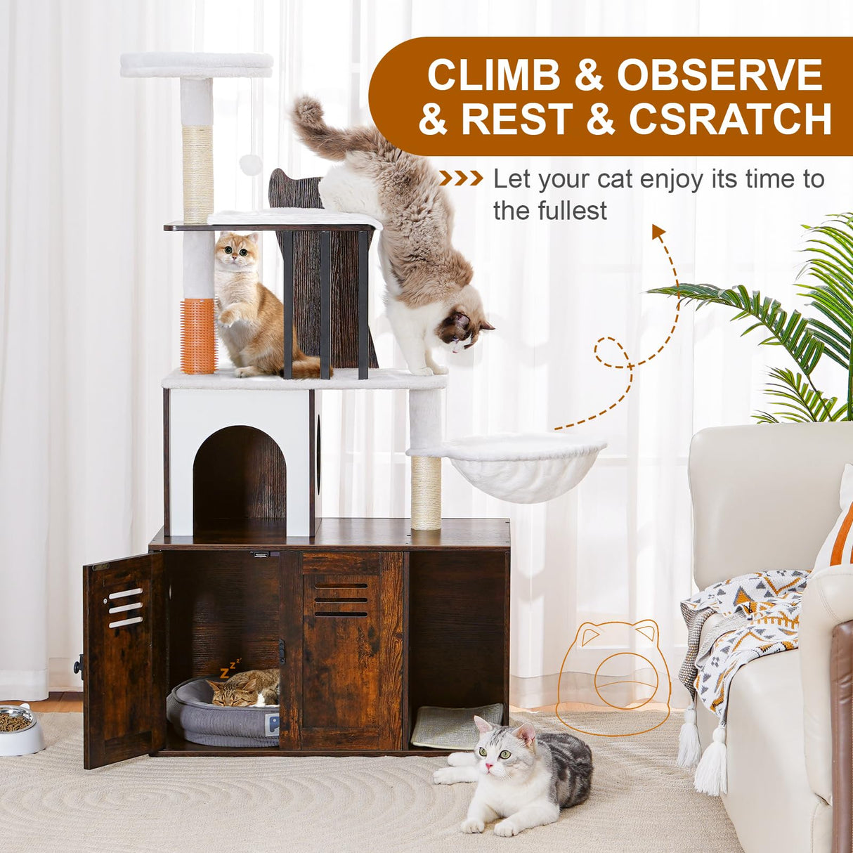 Snughome Cat Tree with Litter Box Enclosure Furniture, 2-in-1 Modern Cat Tower, 58.66’’ Wood Cat Condo with Scratching Post and Hammock, Pet Furniture with Large Platform, Rustic Brown Snughome