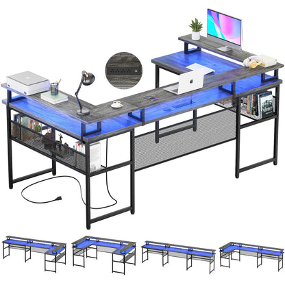 Unikito U Shaped Computer Desks, Reversible Office Desk with LED Strip and Power Outlets, L Shaped Table with Full Monitor Stand and Storage Shelves,