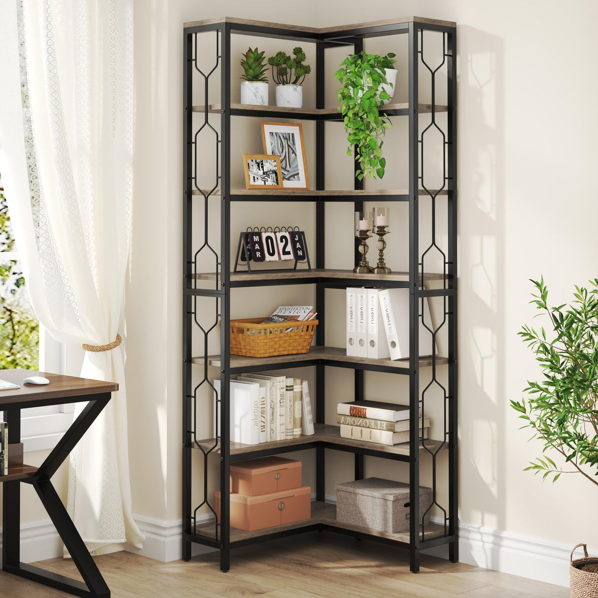 LITTLE TREE Bookshelf, 7-Tier Bookcase, Tall Book Shelf Modern Book Case for Books, Garage Kit, CDs, Movies, Industrial Corner Storage Organizer for Bedroom Home Office Kitchen Living Room, Grey LITTLE TREE