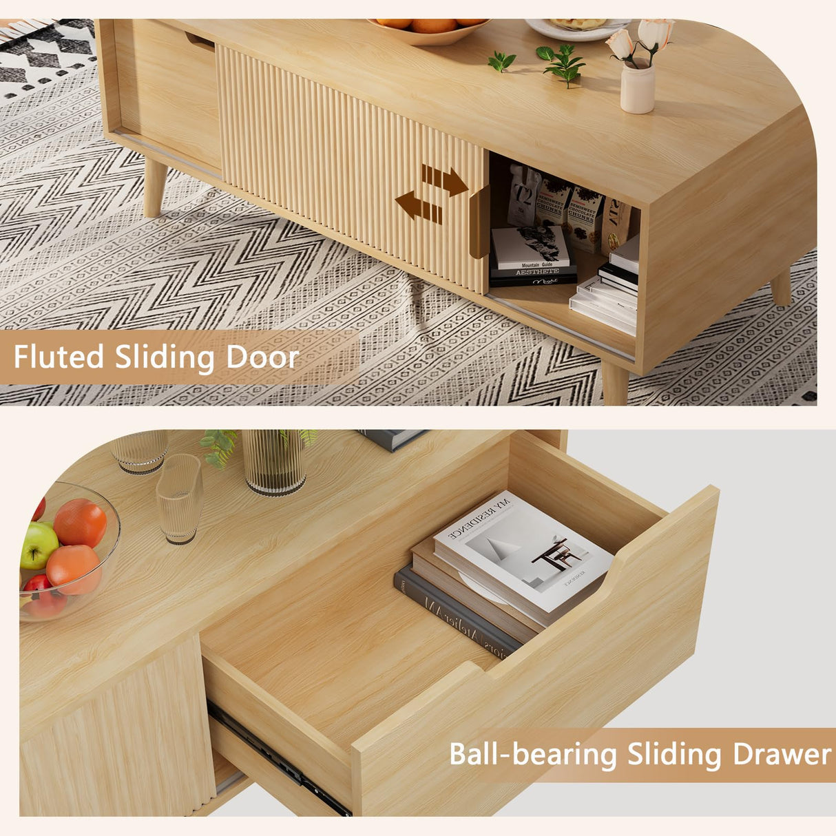 Buenhomino 47" Modern Coffee Table with Storage, Light Wood Accent Center Tables with Sliding Fluted Door Panel and Drawer, Boho Minimalist Console Table Suitable for Living Room, Apartment Natural Buenhomino