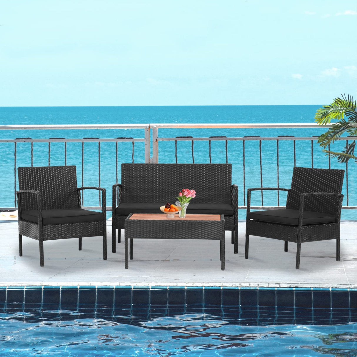 Tangkula 4 Piece Patio Rattan Conversation Set, Outdoor Wicker Sofa Furniture Set W/Loveseat & 2 Single Chairs, Acacia Wood Tabletop, Outside Sectional Set for Poolside, Deck, Garden (1, Black) Tangkula