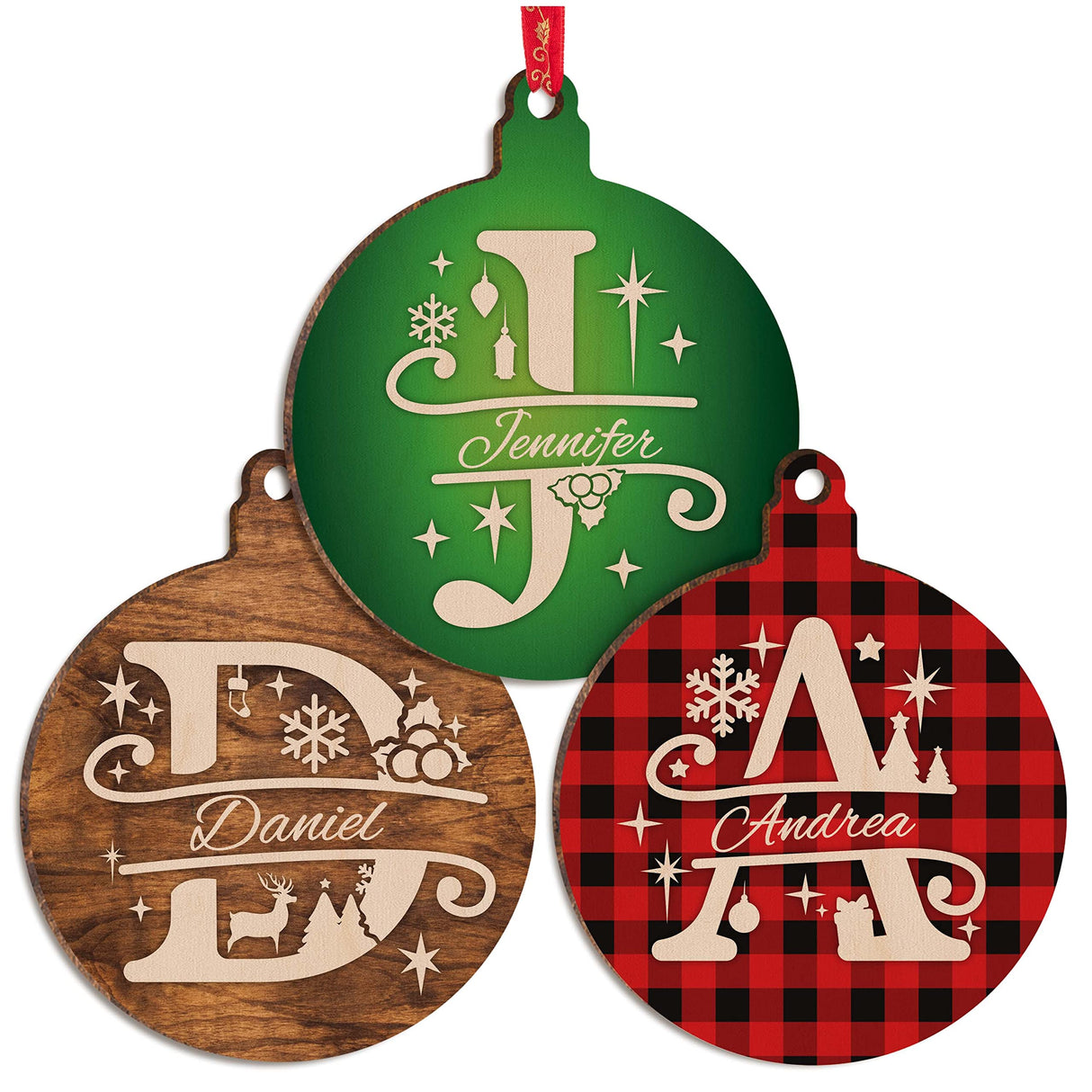 Christmas Initial Ornaments w/Name - 9 Pattern - Personalized Xmas Round Ornament Decor for Christmas Tree - Customized Noel Wood Gifts - Custom Wooden Circle Décorations C1 People People