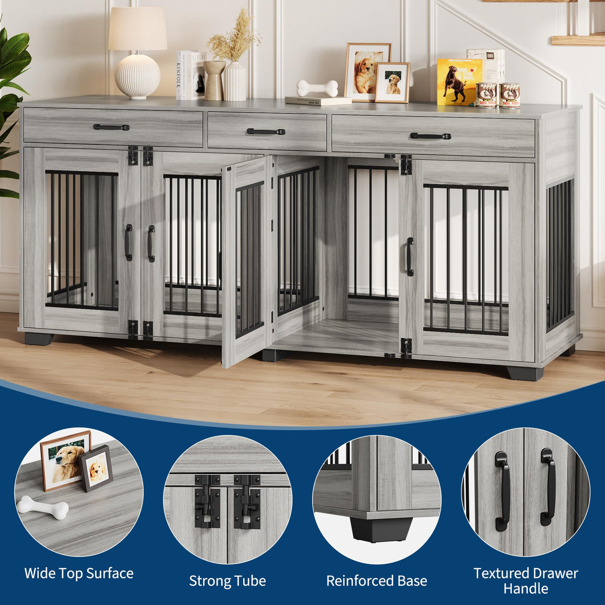 Garvee 71" Double Dog Crate Furniture, Heavy Duty Dog Kennel Indoor with 3 Storage Drawers & Divider, Decorative Side Table Pet Cage for Small & Medium Breeds, Grey Oak Garvee
