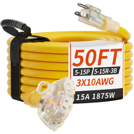 PlugSaf 50 FT 10/3 Gauge Outdoor Extension Cord with Multiple Outlets Light Indicator, Flexible 3 Outlet Weatherproof Heavy Duty Extension Cord Waterproof Yellow, 15A 1875W 10AWG SJTW, ETL Listed PlugSaf