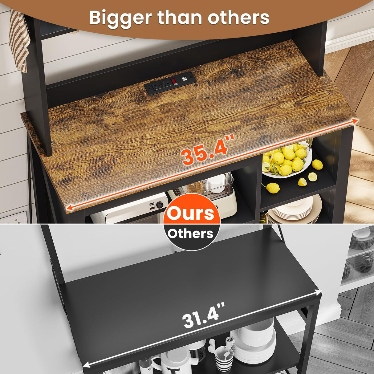 Itaar 35.4 inch Coffee Bar Cabinet, Bakers Rack with Power Outlet and Storage, Farmhouse Microwave Stand Kitchen Cabinet with Hutch, LED Lights, Wine Glass Holder and 8 Hooks, Black Itaar