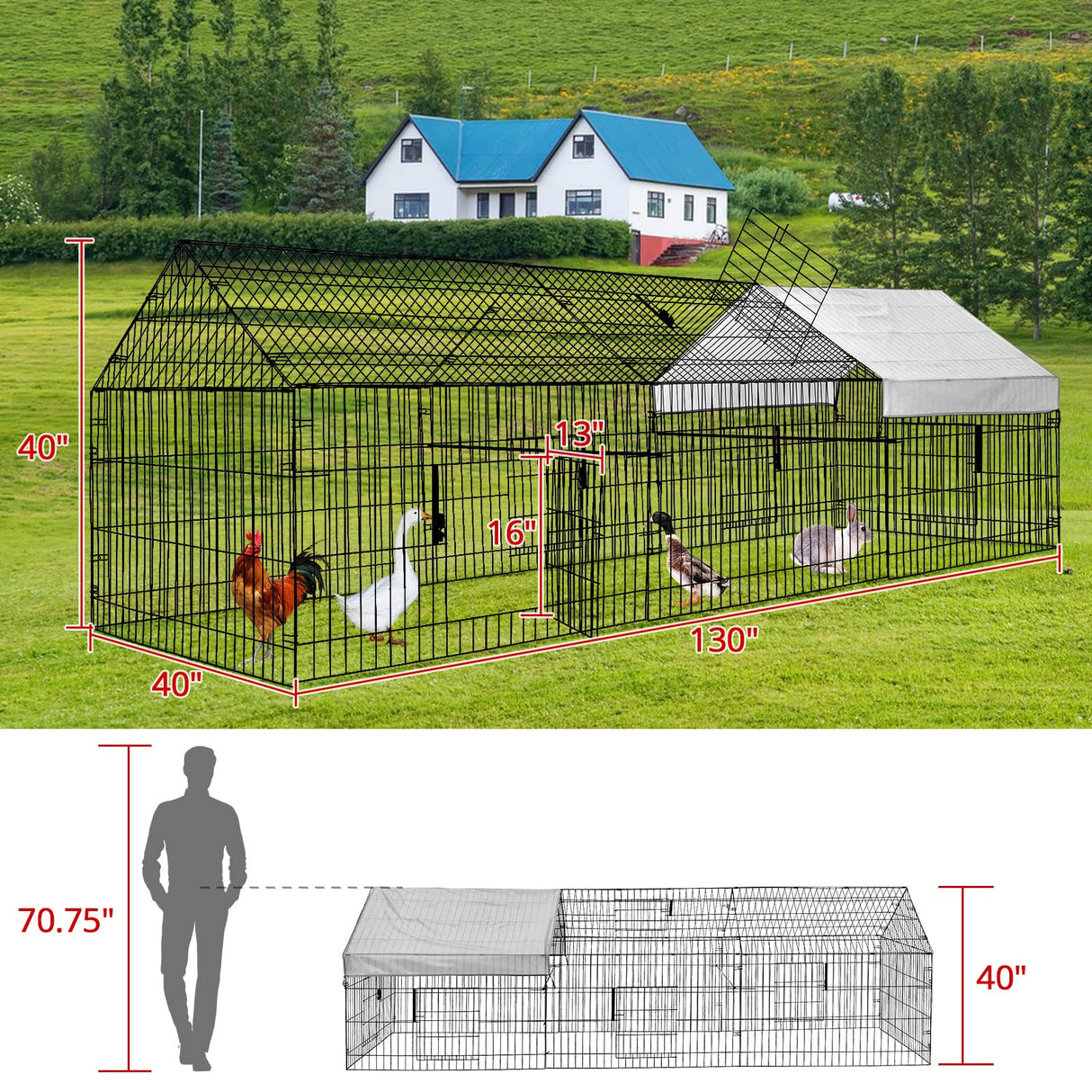 130"x40"x40" Metal Chicken Coop Playpen with Waterproof Cover, Rabbit Duck Large Cage Outdoor Backyard Farm PawGiant