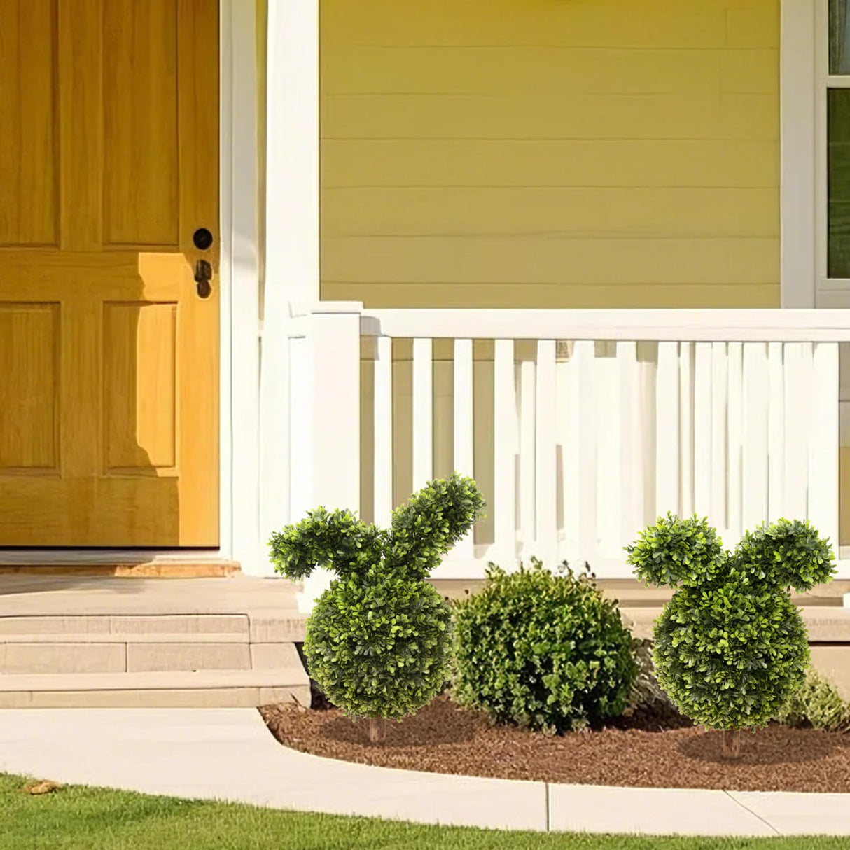 27'' Artificial Bunny Shaped Topiary Trees with Ground Spike Set of 2, Outdoor Indoor Faux Boxwood Topiary Ball Bushes Potted Fake Shrubs Front Porch Decor Outside Garden Damomo