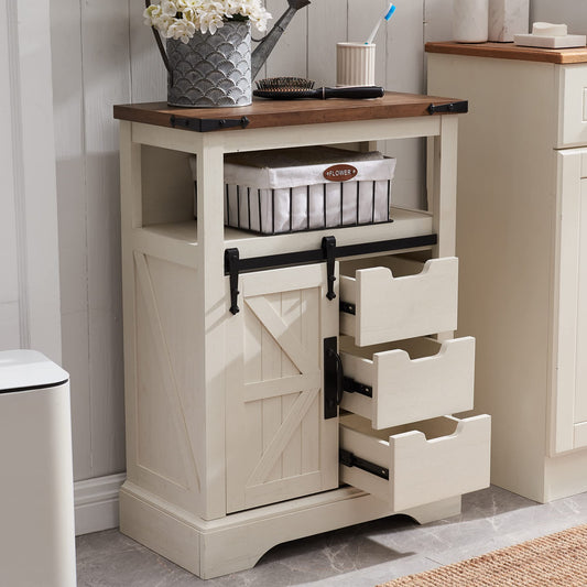 OKD Bathroom Floor Cabinet, Farmhouse Storage Cabinet with Sliding Barn Door & Storage Drawers, Small Storage Cabinet for Bathroom, Kitchen, Living Room, Rustic Oak with Antique White - WoodArtSupply