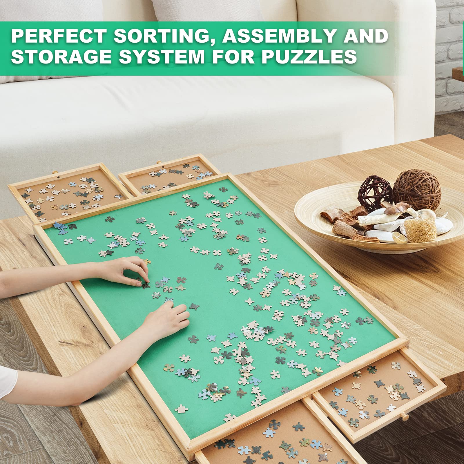 Redipo 1500 Pieces Wooden Jigsaw Puzzle Board with 4 Drawers for Storing Puzzles, 26” x 35” Large Portable Jigsaw Puzzle Table with Puzzle Cover, Non-Slip Plateau Work Surface for Adults and  - WoodArtSupply