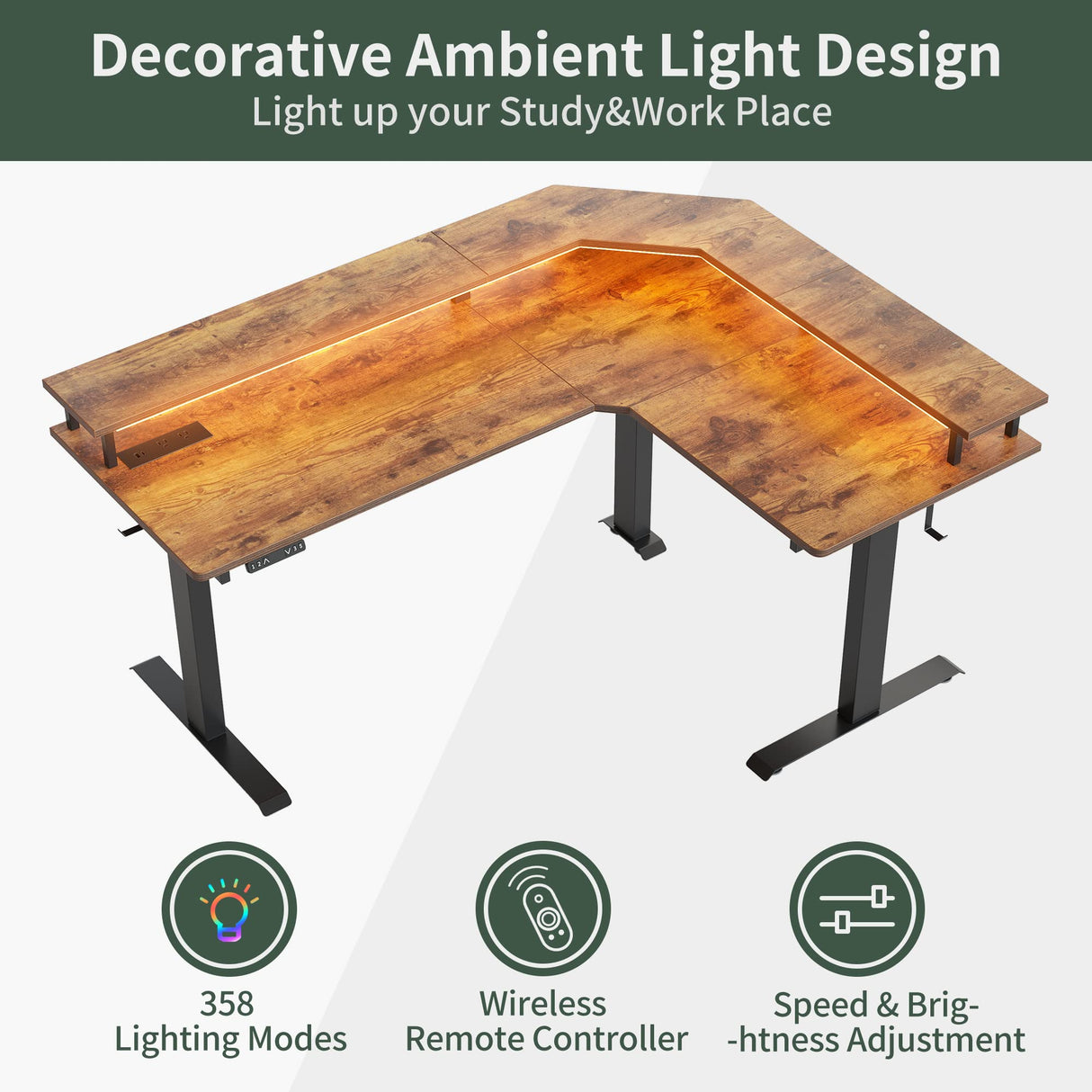 FEZIBO 63" Triple Motor L Shaped Standing Desk with LED Strip & Power Outlets, Height Adjustable Stand up Corner Gaming Desk with Ergonomic Monitor Stand, Rustic Brown Top/Black Frame FEZIBO