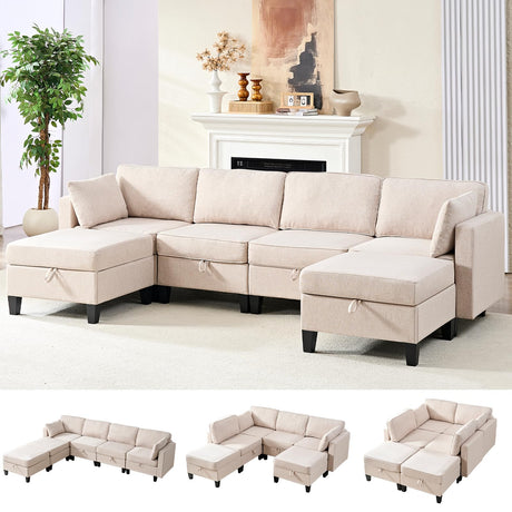 Mjkone 109" Width Modular U Shaped Sofa Couch with Storage, Convertible Sectional Couches for Living Room Sets Furniture with Reversible Chaise, 4 Seat Sofa Couch with Ottomans for Home Office, Beige Mjkone
