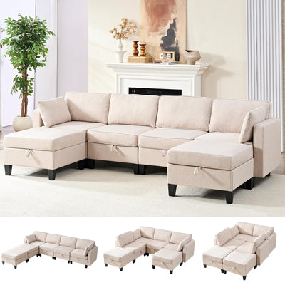 Mjkone 109" Width Modular U Shaped Sofa Couch with Storage, Convertible Sectional Couches for Living Room Sets Furniture with Reversible Chaise, 4 Seat Sofa Couch with Ottomans for Home Office, Beige