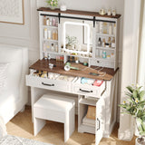 Farmhouse Makeup Vanity Desk with Sliding Mirror and Lights and Charging Station, White Vanity with Shelves and Drawers and Storage Cabinet, Make Up Vanity Desk with Cushioned Stool for Bedroom Befrases
