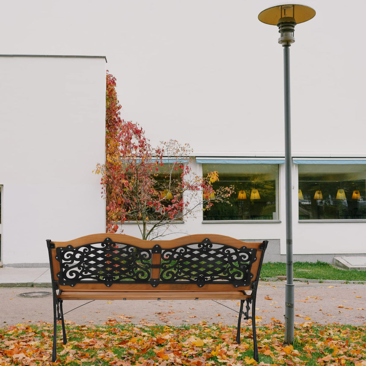 Outvita 49.5in Garden Bench, Patio Wood Love Seat with Metal Armrest Retro Style for Patio Porch Deck Yard Lawn Poolside(Classical) Outvita