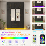 Hlivelood Large Armoire Wardrobe Closet Cabinet with Drawers and LED Lights, Multi-Tier Shelves, Hanging Rod, Large Capacity Storage 4 Door Wardrobe Armoire with Top Cabinet for Bedroom, Black Hlivelood