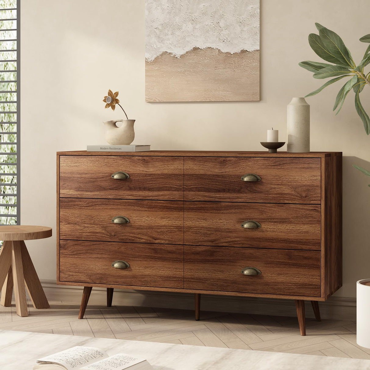 CARPETNAL Walnut Brown Dresser for Bedroom, 6 Drawer Dresser with Wide Drawers and Metal Knob, Wood Dressers & Chest of Hallway, Entryway. CARPETNAL