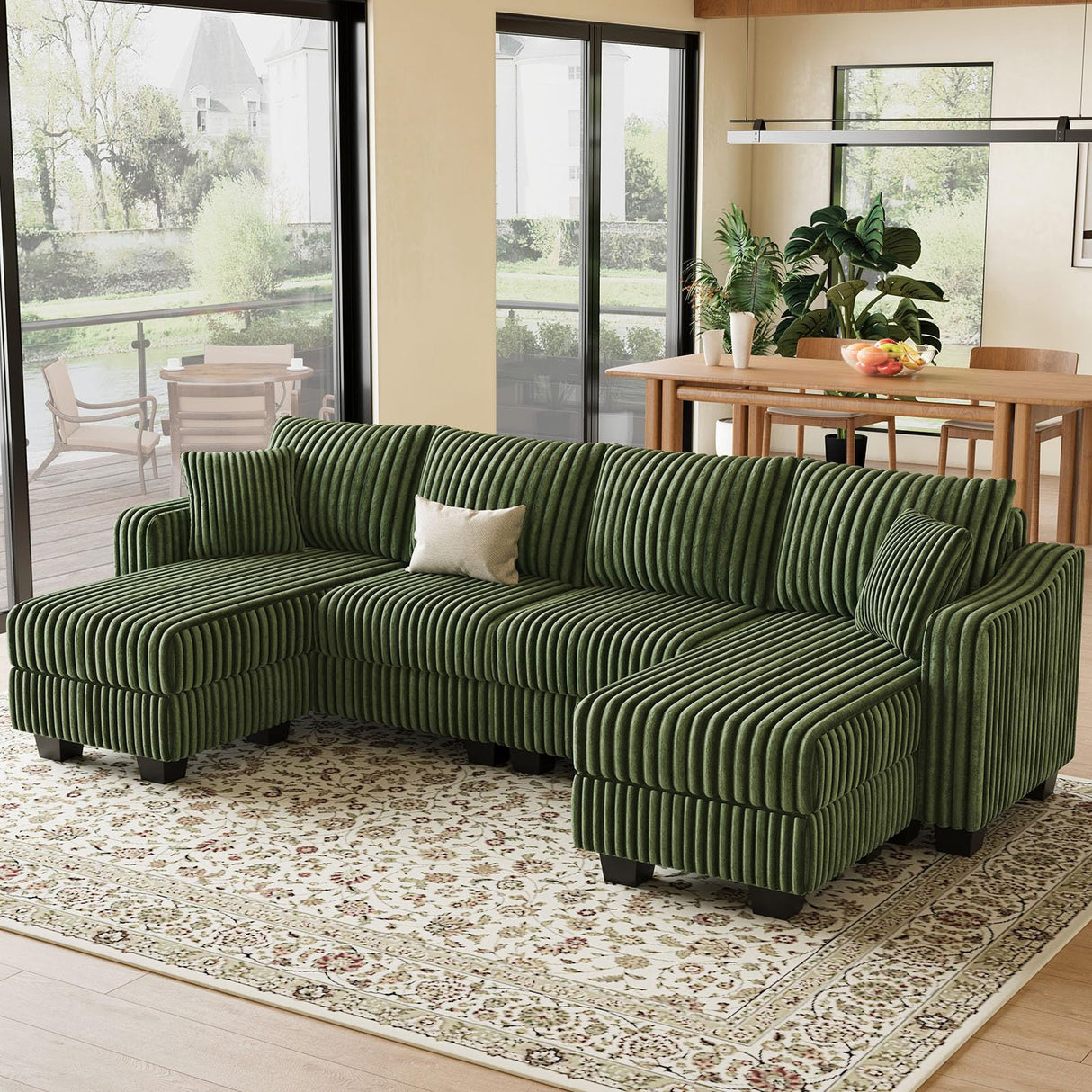 Belffin U Shaped Couch with Reversible Chaises Sectional Couches for Living Room Sectional Couch with Ottomans Corduroy (Green, U Shaped) Belffin
