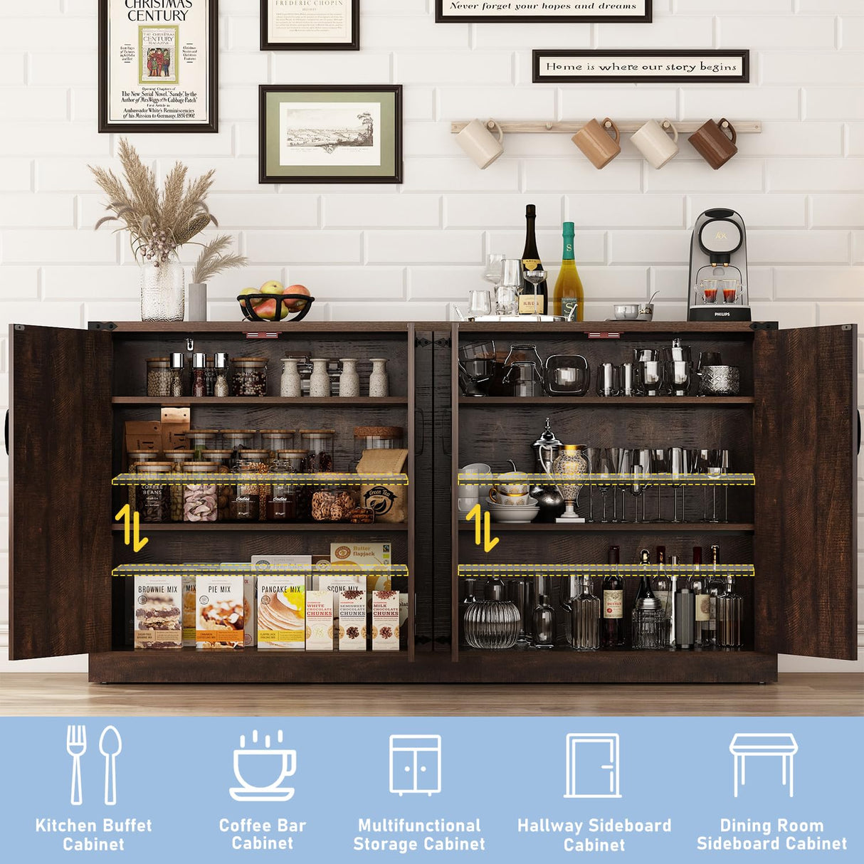 Sideboard Buffet Cabinet with Storage - 65 Inch Farmhouse Kitchen Pantries Sideboard Cabinet with Adjustable Shelves, Wooden Coffee Bar Cabinet Buffet Table for Kitchen, Dining Room, Brown chartustriable