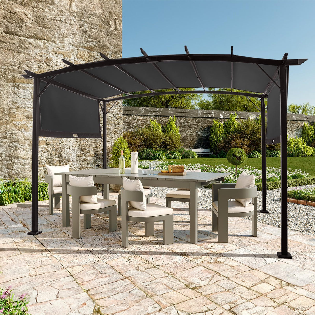 VINGLI 9’x 12' Outdoor Pergola Metal Retractable Pergola Canopy with Adjustable Roof, Garden Pergola for Deck, Porch, Garden, Yard (Grey) VINGLI