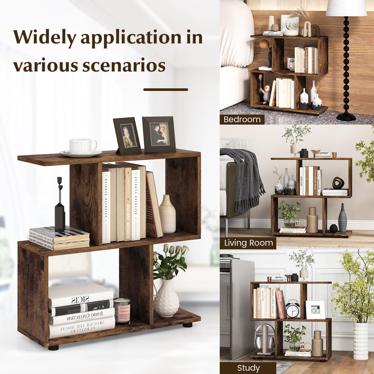 Giantex 3-Tier Geometric Bookshelf, 24" Tall Wood S-Shaped Display Shelves with Thick Foot Pads, Freestanding Open Shelves Nightstand, Floor Standing Display Shelf Bookcase, Brown Giantex