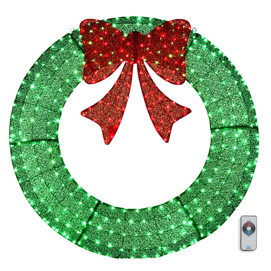 VINGLI 60 Inch Pre-lit Large Christmas Wreath, Outdoor Christmas Wreath with 400 LED Lights for Garage, Windows, Christmas Door Wreath Decorations with Red Bow, Timer Remote Control, Plug-in, Green