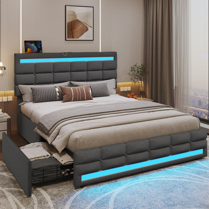 ADORNEVE Dark Grey LED Upholstered Platform Bed Frame with USB Ports and Storage Drawers - WoodArtSupply