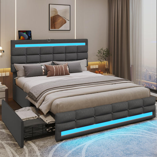 ADORNEVE Dark Grey LED Upholstered Platform Bed Frame with USB Ports and Storage Drawers - WoodArtSupply