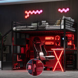 MERITLINE Full Gaming Loft Bed with Desk and Storage Wardrobe& LED RGB,Metal Gaming Bed with Stairs and Storage Case,for Adults Teens (Black) MERITLINE