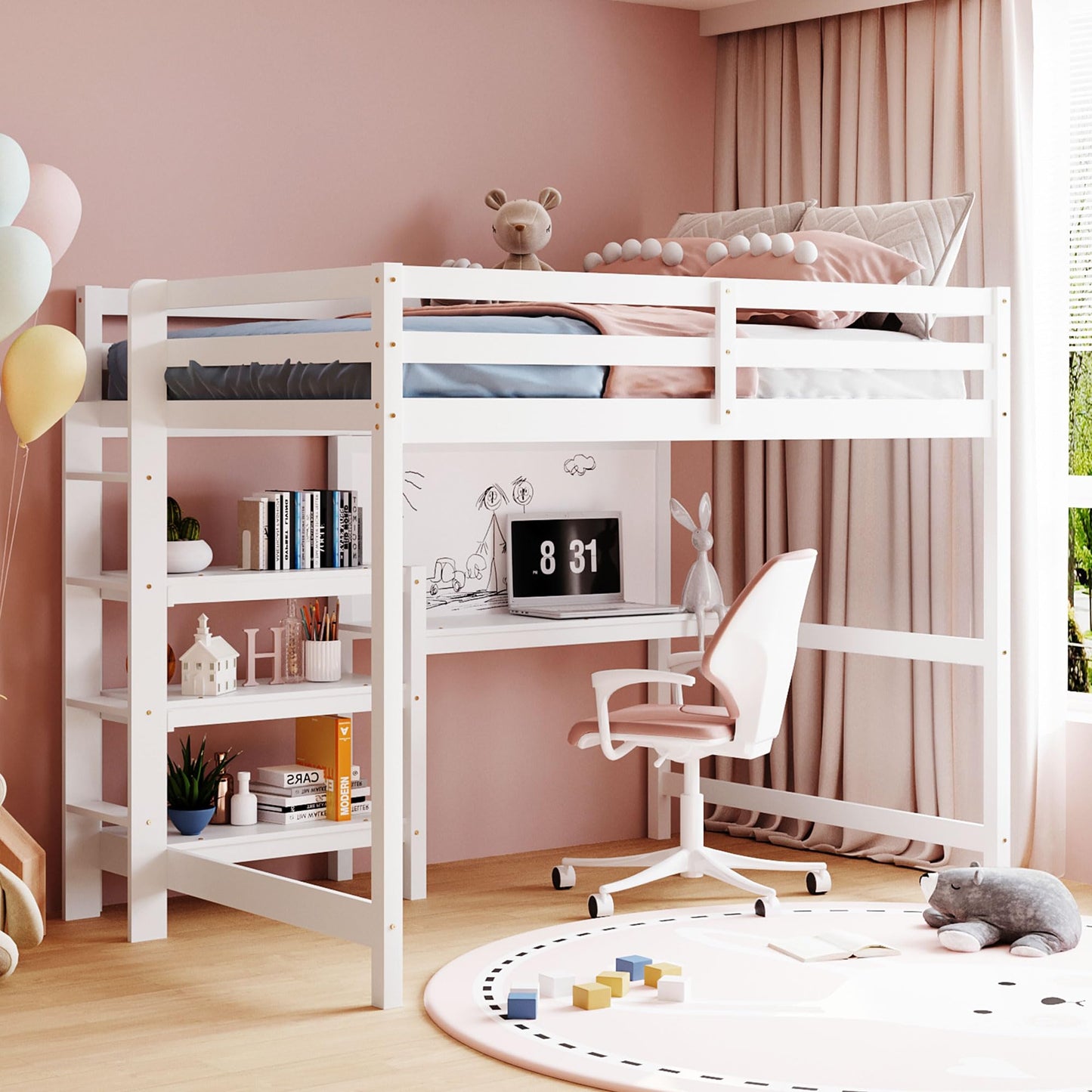 Full Size Loft Bed with Desk and Storage Solutions in White by Bellemave - WoodArtSupply