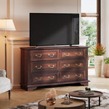WLIVE Wood Dresser for Bedroom with 6 Drawer, 51.97'' Wide, Farmhouse Long Storage Dresser Organizer with Roman Metal Handle, TV Stand for 60 inch TV, Chest of Drawers for Living Room, Hallway, Brown WLIVE