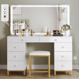 DWVO Vanity Desk with Mirror and Lights, Large Vanity Set with Charging Station, Makeup Table with 8 Drawers, Dimmable 3 Lighting Colors, Makeup Desk for Bedroom and Dressing Room, White DWVO