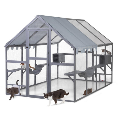 Catio Outdoor Cat Enclosure Extra Large, All-Covered Roof, 53.42ft² XLarge Outside Catios for Multiple Cats Outdoor Patio, Big Walk-In Entrance, Adjustable Small Doors, Wood, 110"L x 71"W x 74"H, Grey