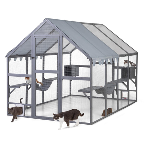 Catio Outdoor Cat Enclosure Extra Large, All-Covered Roof, 53.42ft² XLarge Outside Catios for Multiple Cats Outdoor Patio, Big Walk-In Entrance, Adjustable Small Doors, Wood, 110"L x 71"W x 74"H, Grey Nyeekoy