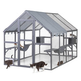 Catio Outdoor Cat Enclosure, 53.5ft² Extra Large Wooden Cat Catio Outdoor Cat House with Weatherproof Roof, Walk-in Doors with Lock, Window Access, 110" L x 71" W x 74" H, Grey Nyeekoy