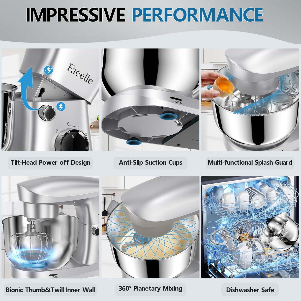 Facelle Stand Mixer, 10-Speed 6QT Kitchen Electric Mixer, Tilt-Head Food Mixer with Beater, Dough Hook, Wire Whip and Egg Separator, scraper for Most Home Cooks - Silver Facelle