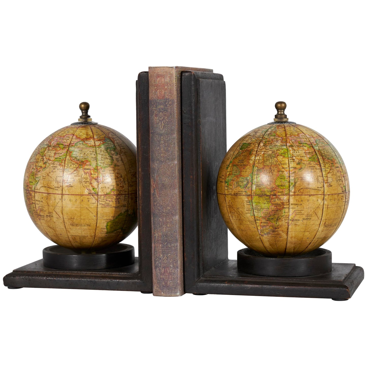 Deco 79 Rustic Mango Wood Bookends Metal Globe Book End 8" H, 6" W-38119, 8" and 8" H, Textured Multicolor Finish