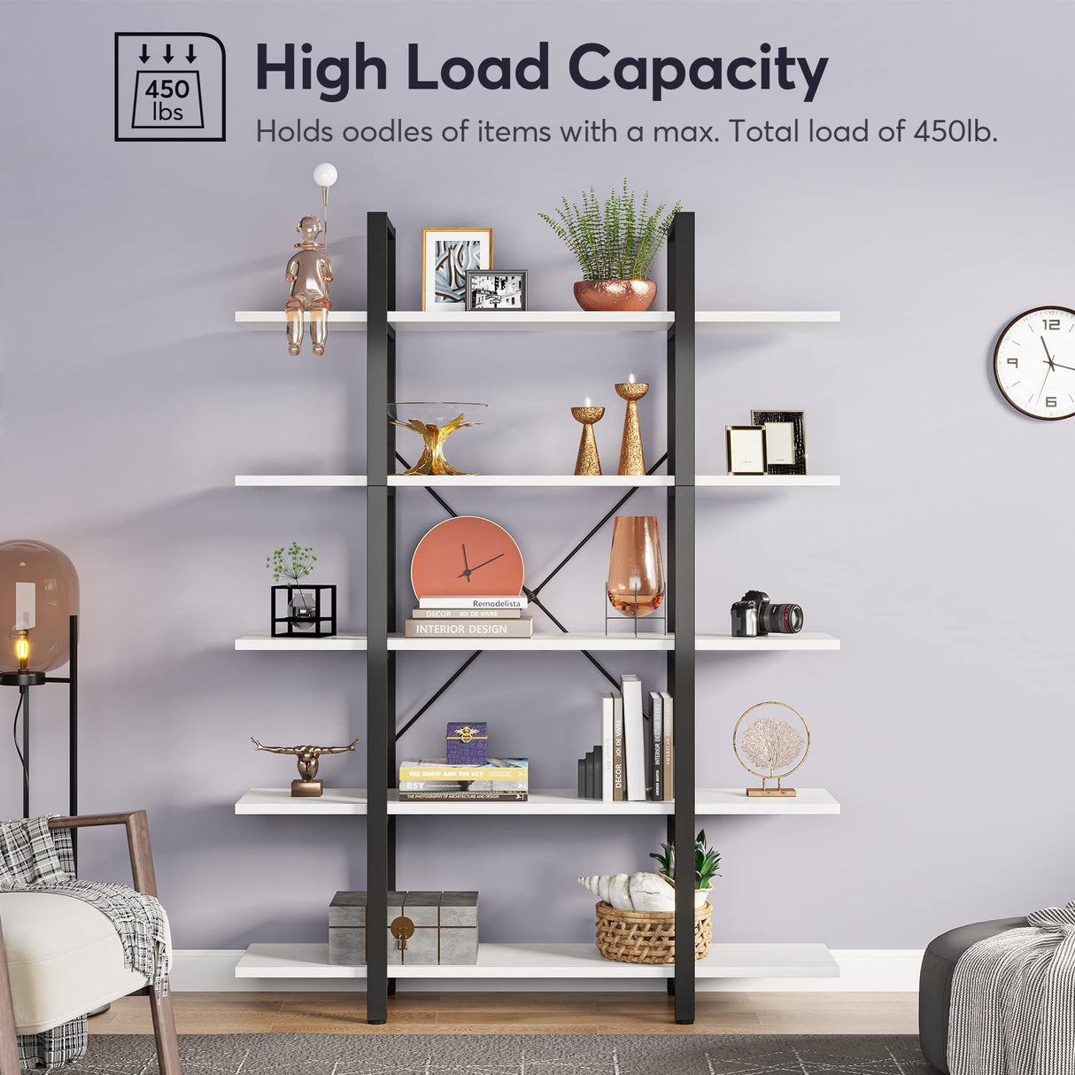 Vintage Industrial 5-Tier Bookshelf by Tribesigns - Extra Large White Bookcase for Stylish Storage Tribesigns