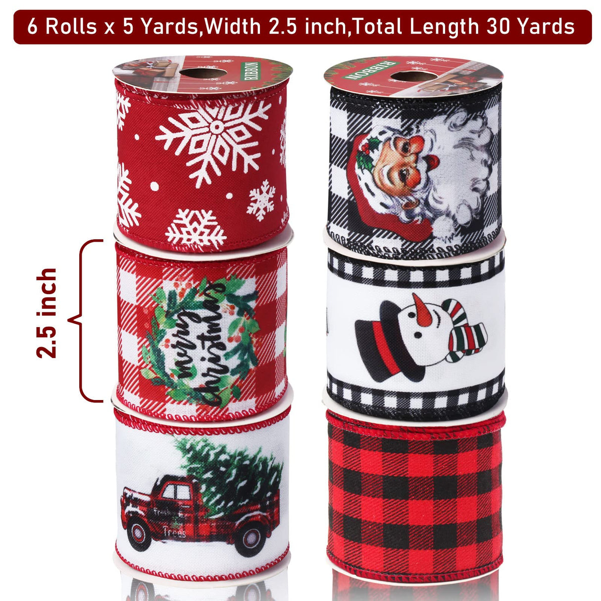 Vloso Christmas Ribbon Wired 2.5 Inch,6 Roll 30 Yards Christmas Wired Ribbon,Incl. Santa/Snowman/Snowflake/Buffalo Plaid Ribbon for Wreaths Bows Holiday Xmas Decor DIY Crafts Vloso