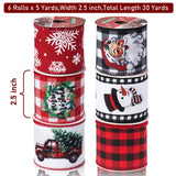 Vloso Christmas Ribbon Wired 2.5 Inch,6 Roll 30 Yards Christmas Wired Ribbon,Incl. Santa/Snowman/Snowflake/Buffalo Plaid Ribbon for Wreaths Bows Holiday Xmas Decor DIY Crafts Vloso