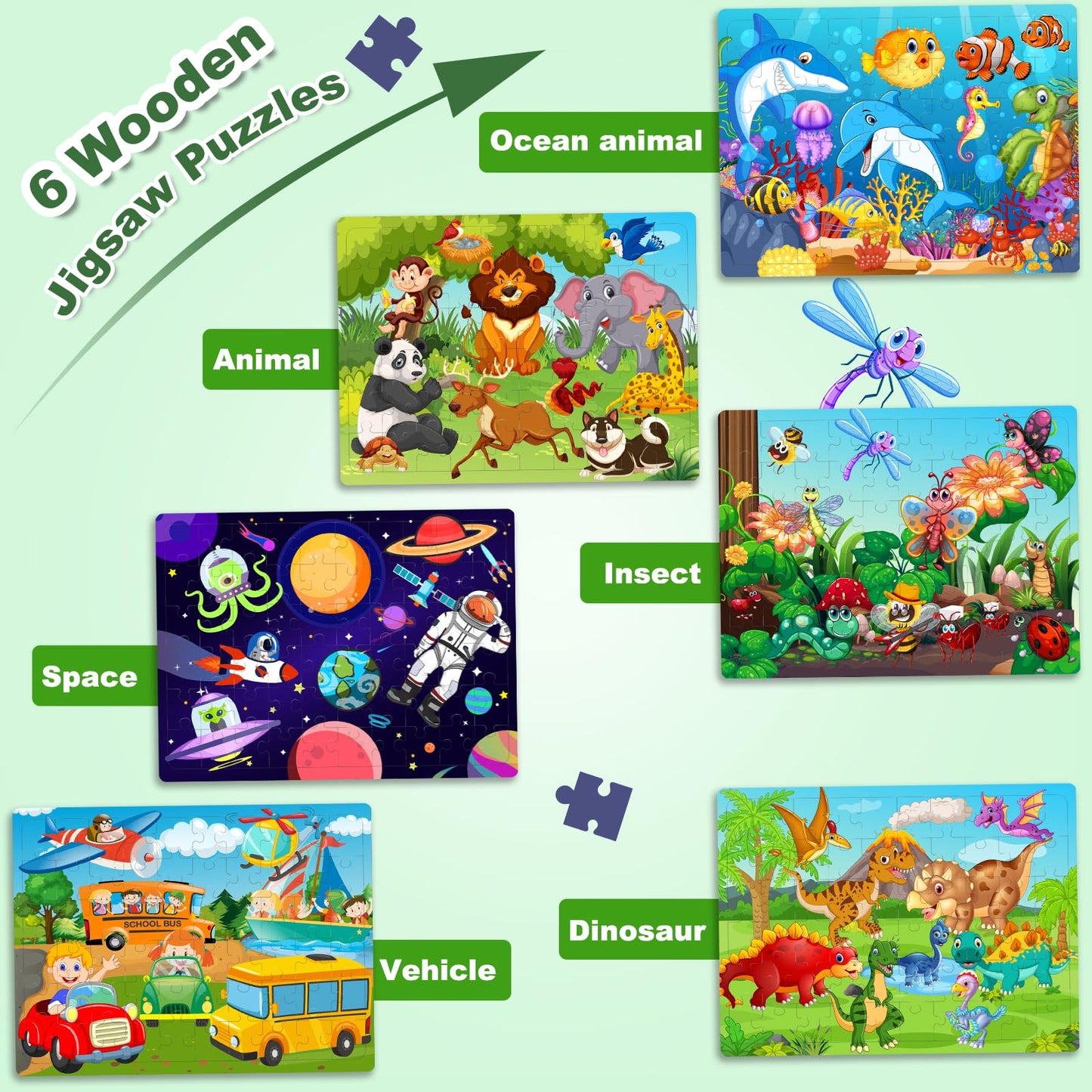 Roberly Wooden Puzzles for Kids Ages 4-8, 60 Pieces Jigsaw Puzzles for Kids 3 4 5 6 7 8 Preschool Learning Educational Puzzle Toys Set for Boys Girls - Dinosaur, Ocean, Animal, Insect, Space, Vehicles