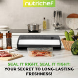 NutriChef Vacuum Sealer | Automatic Vacuum Air Sealing System For Food Preservation w/ Starter Kit | Compact Design | Lab Tested | Dry & Moist Food Modes | Led Indicator Lights, Stainless Steel, Black NutriChef